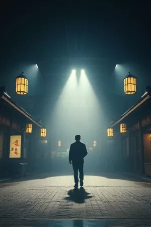 雨夜加油站竖版封面，雨幕中的加油站顶棚灯光